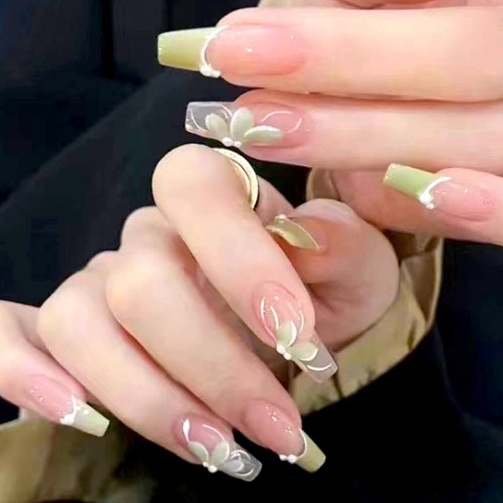24pc Nail Kit Glossy Green Tones nails With Flower Nail Art| Green abstract nail